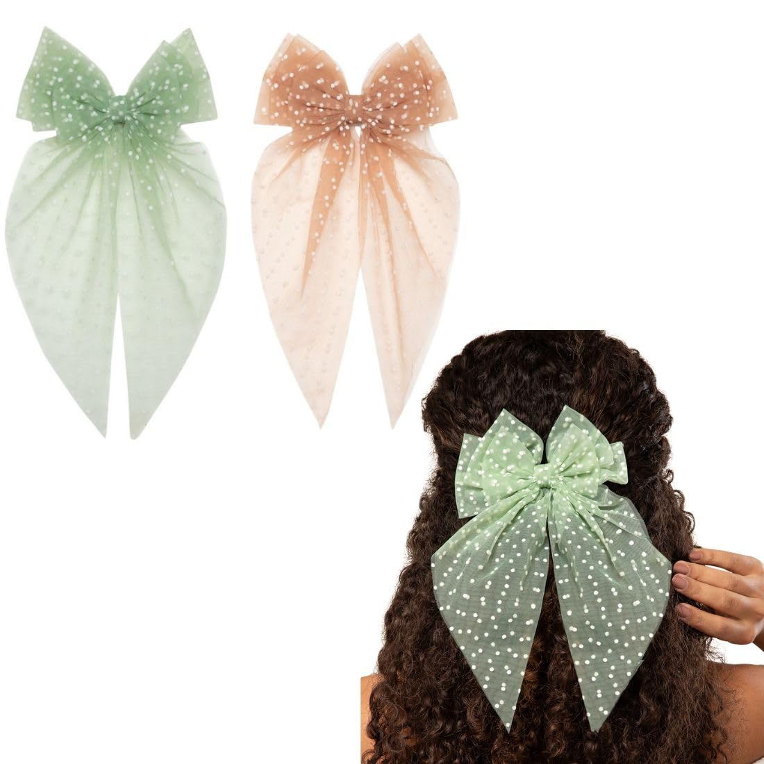 Hair Bows for Women | Bow Hairclips | Clips Hair Accessories | Women Net Tail Hairbow | Pack of 2 | Net Bows | Green & Brown Color